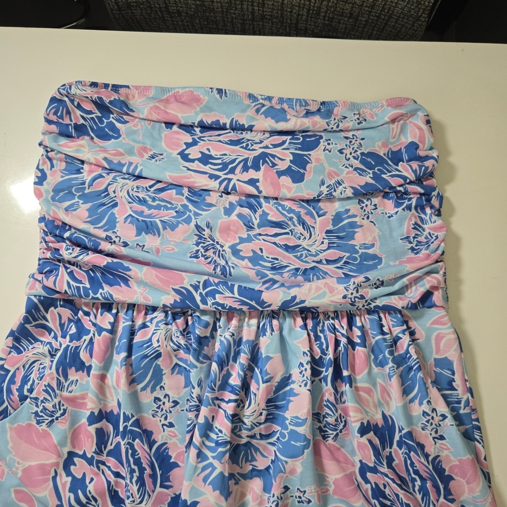 Grace Karin Womens Floral Strapless Maxi Dress Blue Pink Smocked Ruched Large